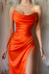 New Arrival Orange Strapless Sleeveless Mermaid Prom Dress Pleats With Split