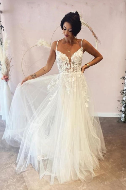 Long A-line Wedding Dress in Lace Tulle with Deep V-neck and Spaghetti-Straps Backless Design