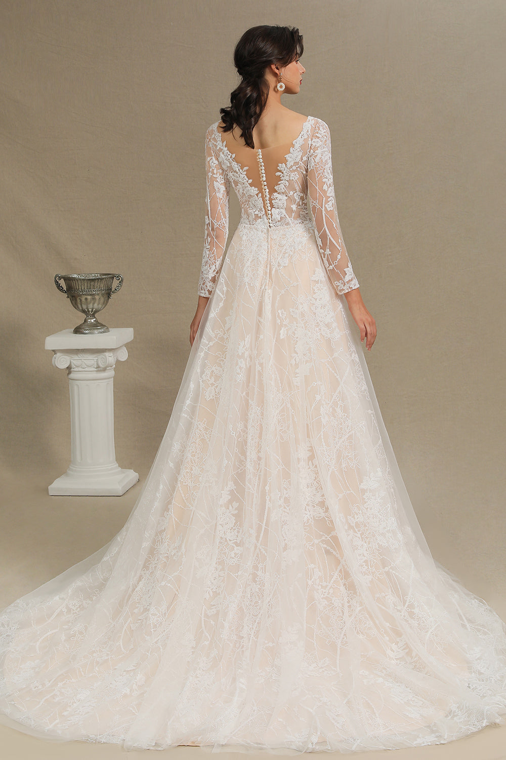 Elegant Long-Sleeve Illusion Wedding Gown in Sheer Tulle with Lace