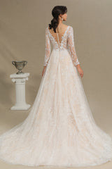 Elegant Long-Sleeve Illusion Wedding Gown in Sheer Tulle with Lace