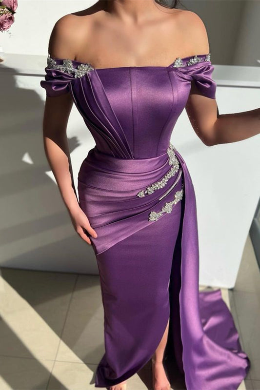 Modern Purple Off-the-Shoulder Prom Dresses Mermaid Ruffle With Beads