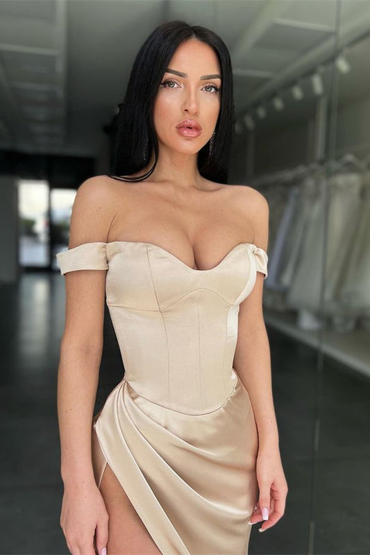 Modern Off-the-Shoulder Champagne Mermaid Prom Dress With Slit Long