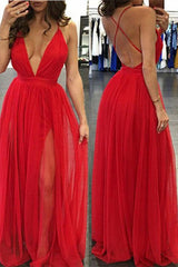 Gorgeous Red Deep V-Neck Long Prom Dress Tulle With Slit