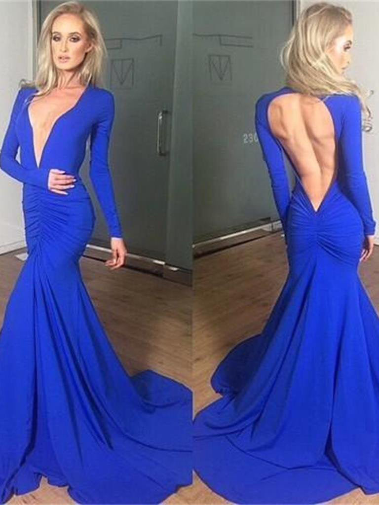 Gorgeous Royal Blue Long Sleeves Prom Dress Mermaid Backless