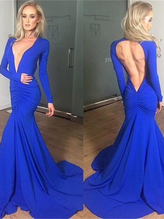 Gorgeous Royal Blue Long Sleeves Prom Dress Mermaid Backless