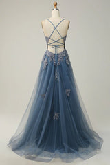 Dusty Pink Spaghetti Strap Tulle V Neck Prom Dress with Lace Appliques
