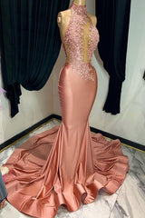 Modern Dusty Pink High Neck Sleeveless Mermaid Prom Dress With Lace Appliques