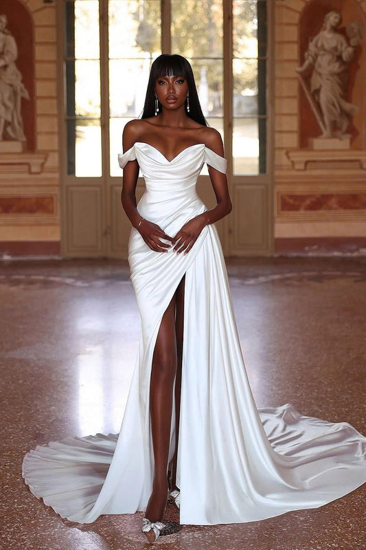 Strapless Pleated White Satin Wedding Dress with Split, Simple Off-the-Shoulder Design