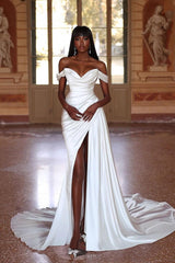 Strapless Pleated White Satin Wedding Dress with Split, Simple Off-the-Shoulder Design