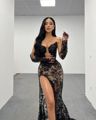 Lace Black Long Prom Dress With High Slit Gown Gloves Printing