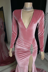 Red Prom Dress Long Sleeve Simple With High Slit Pleated