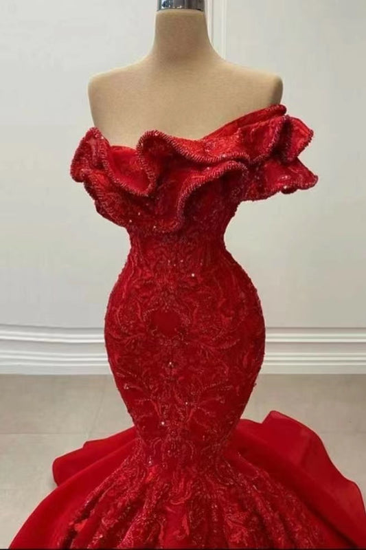 Red Elegant Strapless Mermaid Sequins Prom Dress On Sale