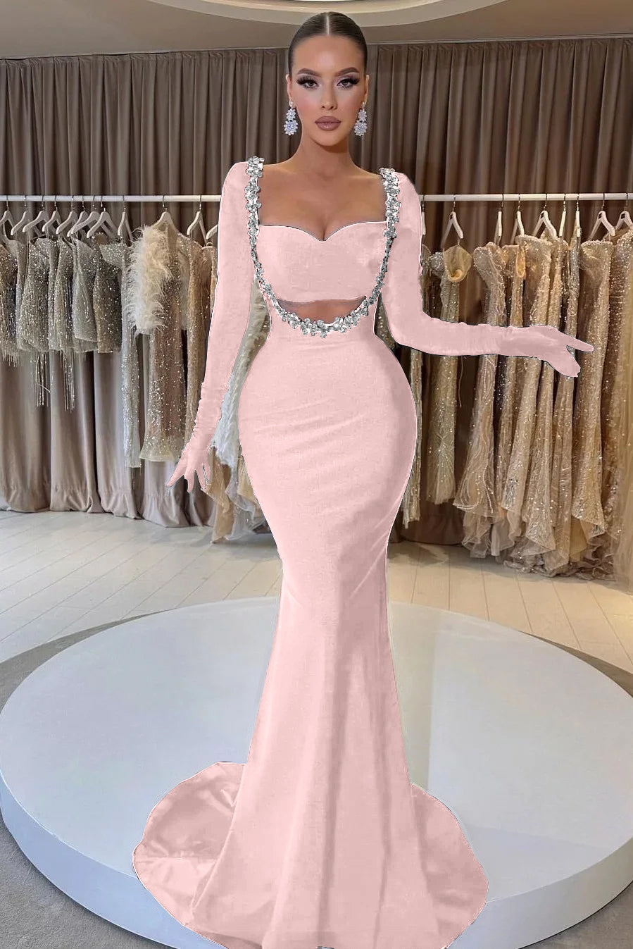 Black Beaded Prom Dress With Gloves Sweetheart Long Sleeve Mermaid
