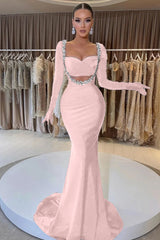 Black Beaded Prom Dress With Gloves Sweetheart Long Sleeve Mermaid
