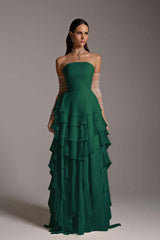 Charming Strapless Sleeveless Square Ruffles Long Prom Dress With Gloves