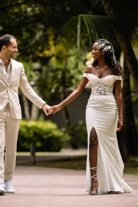 Elegant Off-the-Shoulder Sweetheart Mermaid Wedding Gown With Slit
