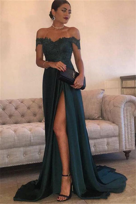 Dark Green Lace Prom Dress Off-the-Shoulder