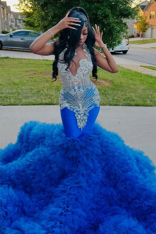 Modern Royal Blue Mermaid Sleeveless Prom Dress With Beadings Tulle Ruffles