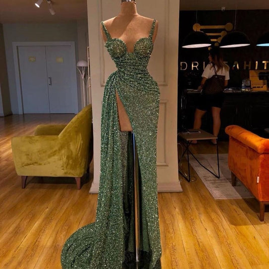 Gorgeous High Split Sequins Beadings Mermaid Prom Dress With Straps