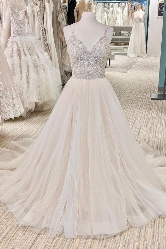 Elegant V-neck A-line Wedding Gown with Backless Design and Pearl Details