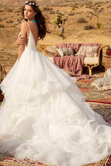 V-neck A-line Wedding Dress with Elegant Ruffles, Spaghetti Straps, and Tulle Backless Design