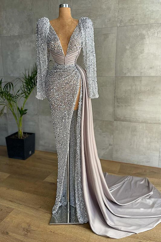 New Arrival V-Neck Long Sleeves Prom Dress Sequins With Slit