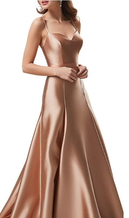 Dusty Rose Charmeuse Prom Dress Spaghetti Strap Long Cowl Neck