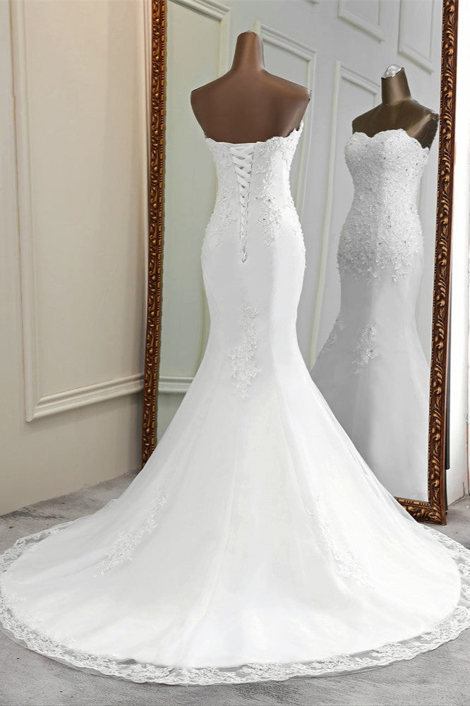 Long Mermaid Strapless Lace Wedding Dress with Elegant Appliques and Beadings