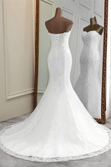 Long Mermaid Strapless Lace Wedding Dress with Elegant Appliques and Beadings