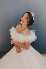 Elegant Off-The-Shoulder Pleated Ball Gown with Tulle Ruffles