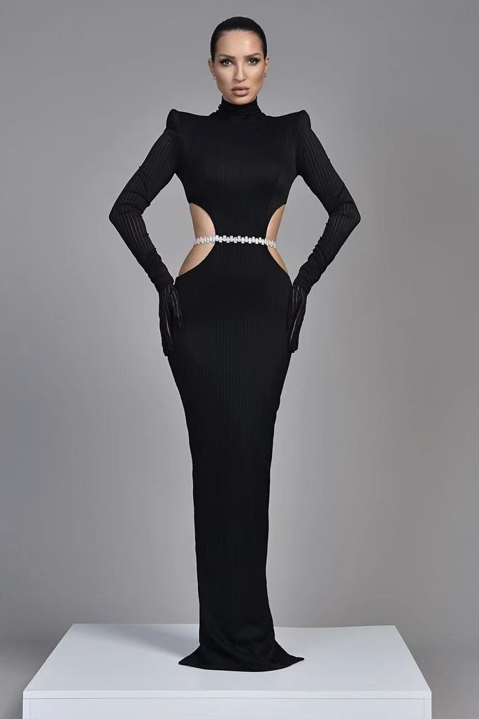 Evening Dress Long Sleeves Mermaid with Belt High Neck