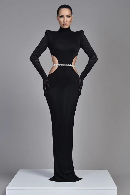 Evening Dress Long Sleeves Mermaid with Belt High Neck