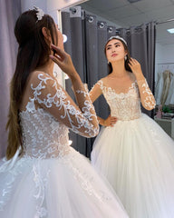 Elegant A-line Wedding Gown with Long Lace Sleeves and Tulle
