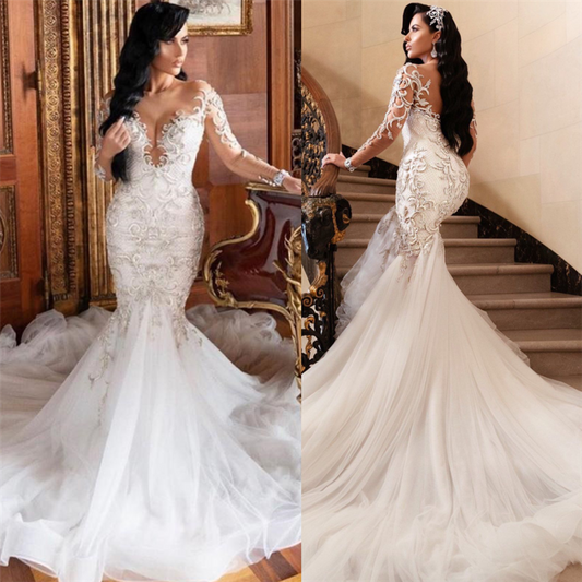 Wedding Dress with Lace Appliques and Long Mermaid Sleeves