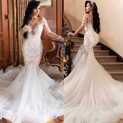 Wedding Dress with Lace Appliques and Long Mermaid Sleeves