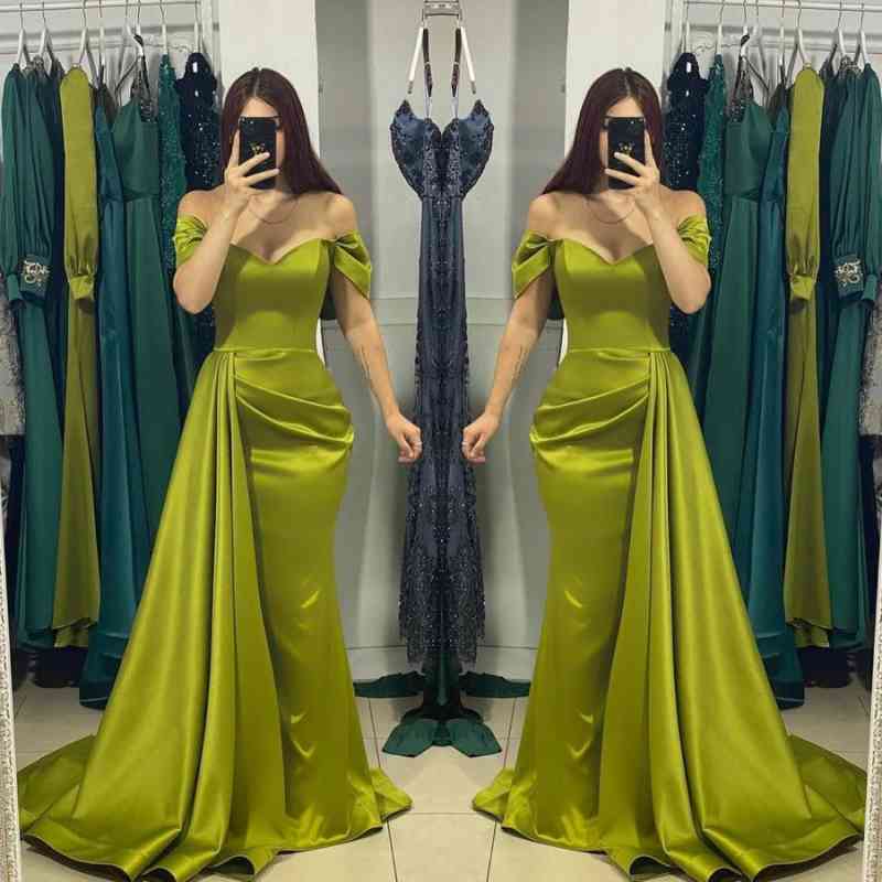 Classy Off-the-Shoulder Olive Green Prom Dress Mermaid Long With Ruffle