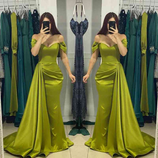 Classy Off-the-Shoulder Olive Green Prom Dress Mermaid Long With Ruffle
