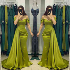 Classy Off-the-Shoulder Olive Green Prom Dress Mermaid Long With Ruffle