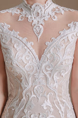 Elegant High-neck Long Lace Mermaid Wedding Dress With Sleeves