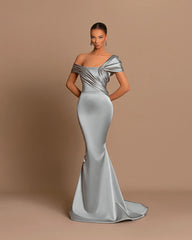 Grey Evening Dress Off-the-Shoulder Bateau Pleated Gown