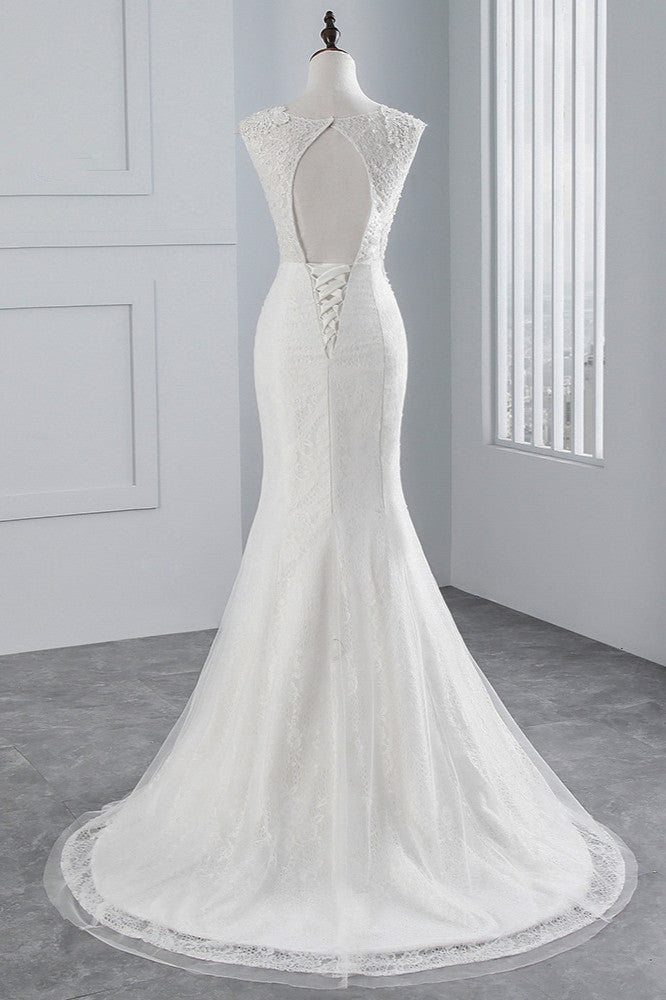 Elegant Sleeveless Long Mermaid Jewel Wedding Dress in Luxury Tulle with Appliques Lace