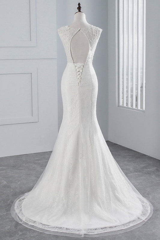 Elegant Sleeveless Long Mermaid Jewel Wedding Dress in Luxury Tulle with Appliques Lace