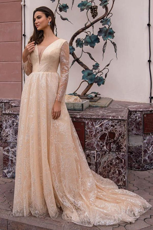 Elegant V-neck Long A-line Glitter Wedding Gown With Sleeves
