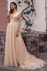 Elegant V-neck Long A-line Glitter Wedding Gown With Sleeves