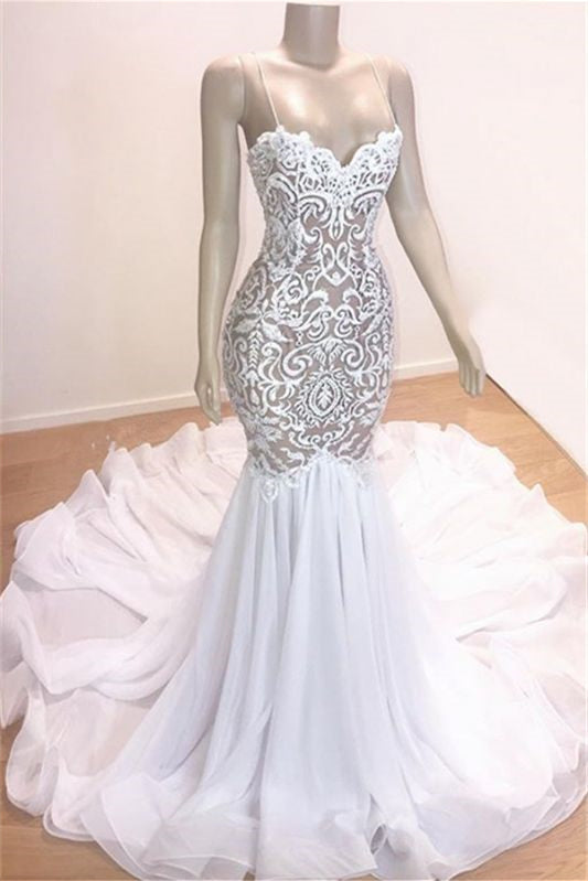 Mermaid Wedding Dress with Long Spaghetti-Straps and Lace