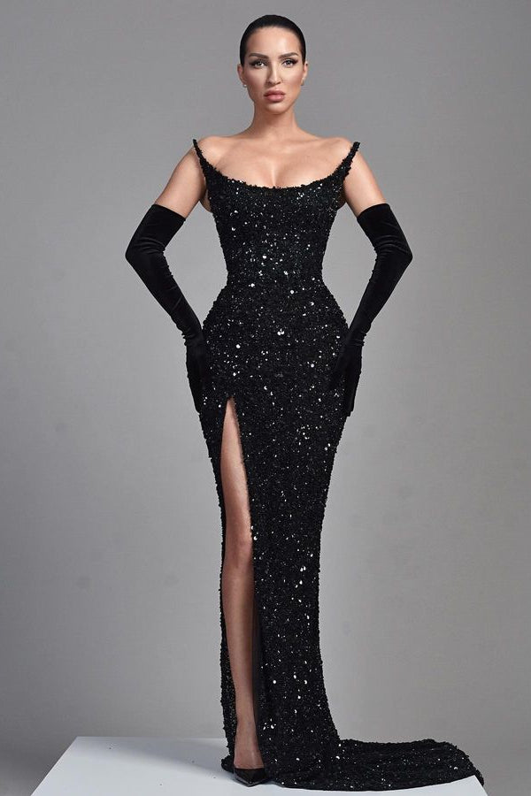 Chic Black Strapless Prom Dress Mermaid Sequins Long With  Split