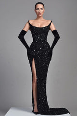 Chic Black Strapless Prom Dress Mermaid Sequins Long With  Split