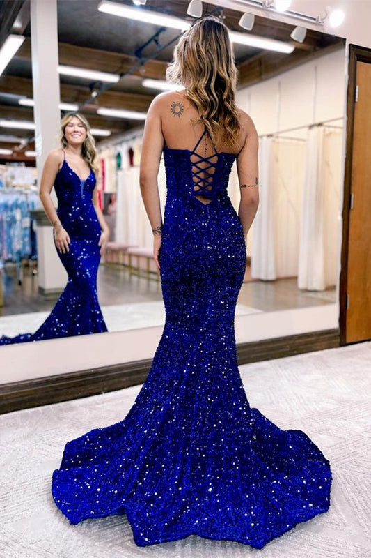 Chic Royal Blue Sequins Prom Dress Mermaid Spaghetti-Straps Sleeveless