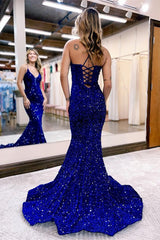 Chic Royal Blue Sequins Prom Dress Mermaid Spaghetti-Straps Sleeveless