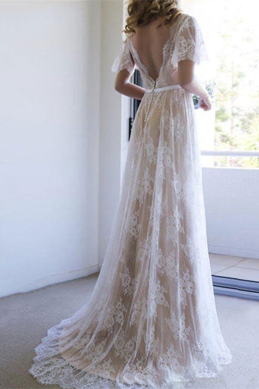 Short Sleeve Boho Lace Wedding Dress